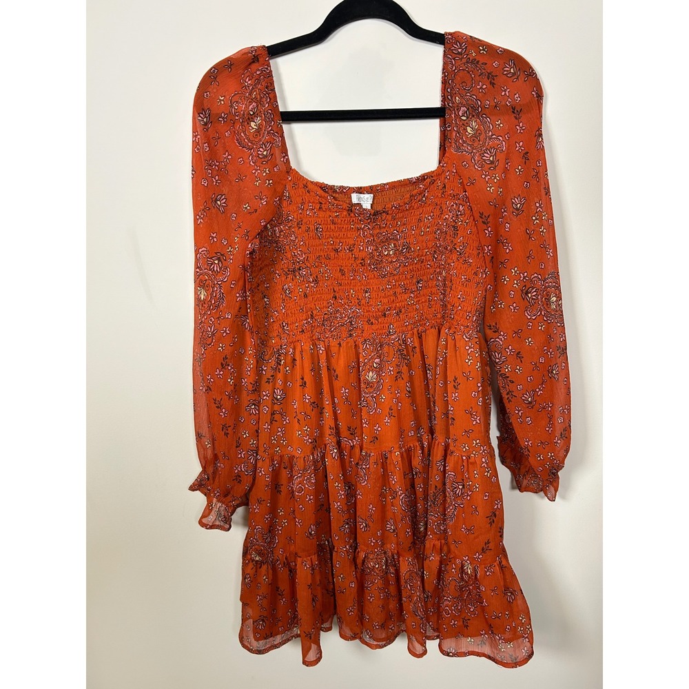 Patrons‎ of Peace Womens Floral Smocked Mini Dress L Rust Orange Paisley
